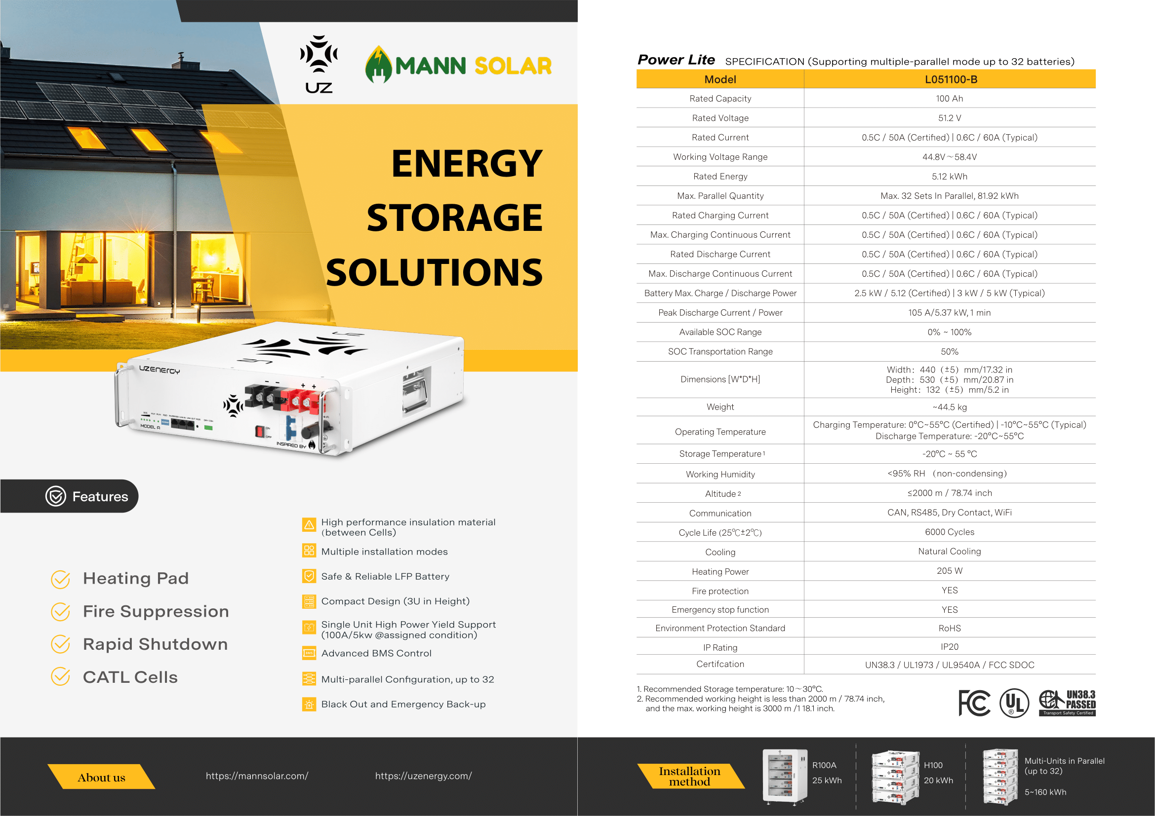 UZ Model A Server Rack Battery - 48v 100ah - HEATED - UL1973 / UL9540A - 10 Year Warranty