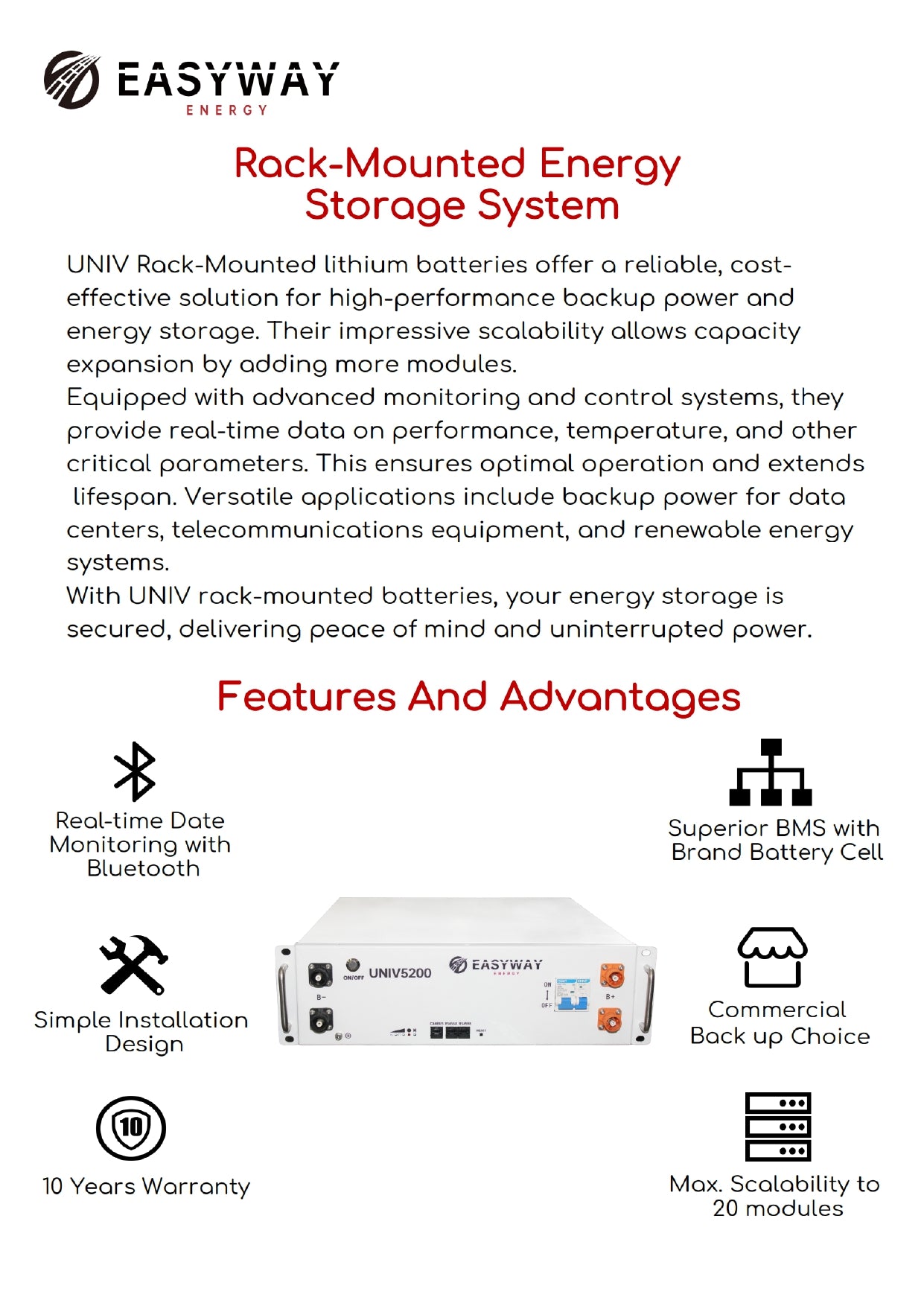 EASYWAY | UNIV5200 | 5.22kWh | 102Ah | 48~58.4Vd.c | Mann Solar